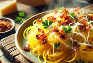 Recette de courge spaghetti à la carbonara, plat savoureux avec courge, bacon et fromage râpé.