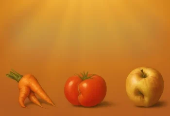 Fruits et légume locaux (carotte, tomate et pomme difformes dans un environnement chaud