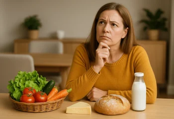 femme assise s'interrogeant dans sa cuisine sur l'utilité de consommer local