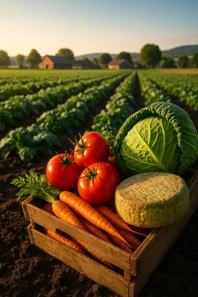 Des fruits et légumes ainsi qu'un fromage dans une cagette ne bois au beau milieu d'un champ de salade local en Haute-Savoie