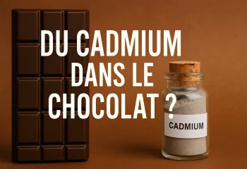 Visuel simple aux couleurs chocolatées, montrant une tablette de chocolat noir aux côtés d'un flacon de Cadmium