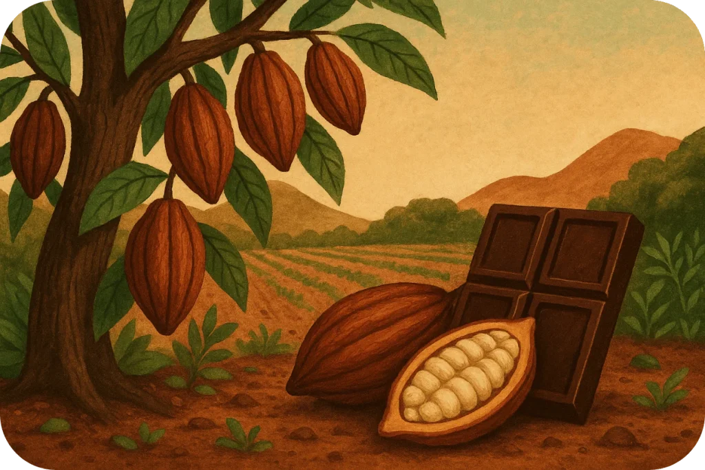 Visuel simple aux couleurs chocolatées, montrant une tablette de chocolat noir et des fèves de cacao à côté d'un cacaotier
