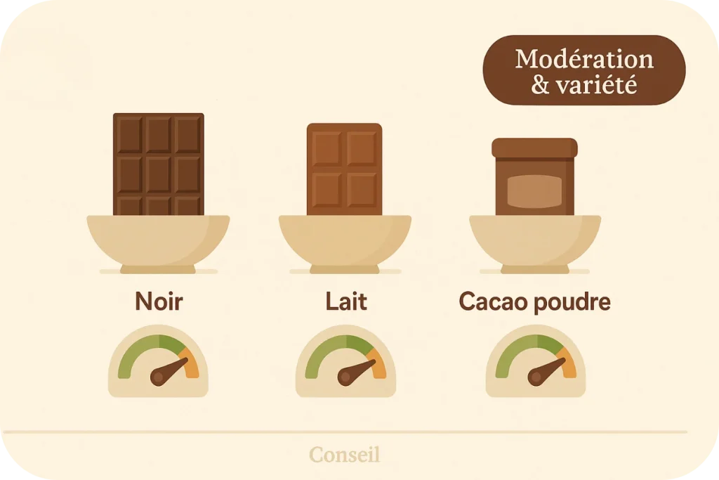 Visuel simple aux couleurs chocolatées, montrant une tablette de chocolat noir, au lait et du cacao en poudre sur des balances.