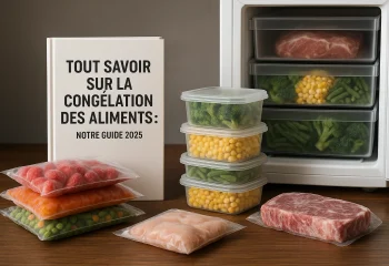 aliments emballés sur une table à manger, prêts à être mis au congélateur étant à leur droite.