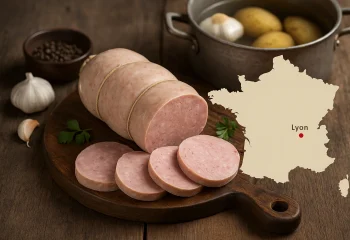 saucisson à cuire nature sur une planche, avec un carte de France montrant Lyon