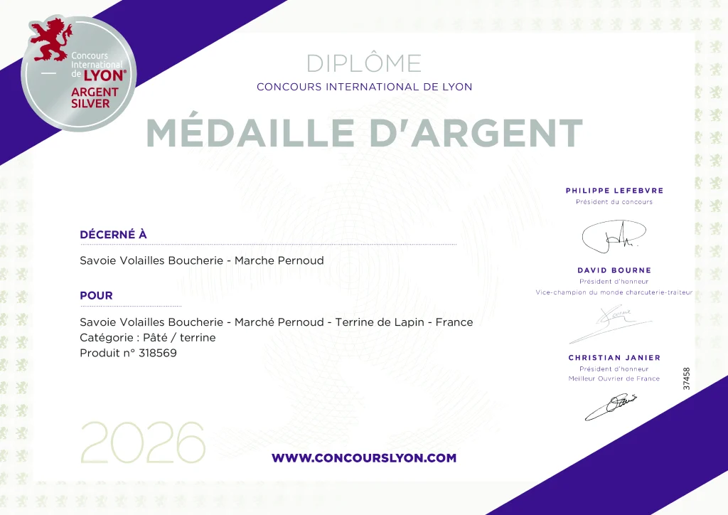 Certificat de remise de la médaille d'argent au concours international des produits, de Lyon pour la Terrine de Lapin