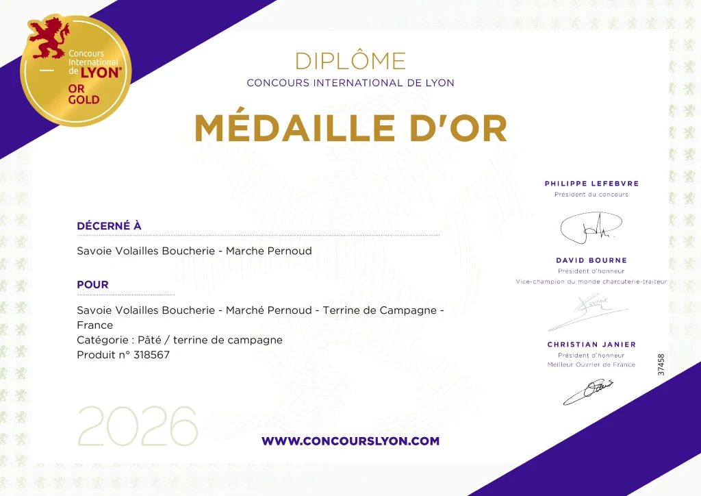 Certificat de remise de la médaille d'or au concours international des produits, de Lyon pour la Terrine de Campagne