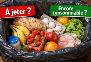 aliments dans une poubelle avec deux encarts; 1 rouge "À jeter ?", 1 vert "Encore consommables?" mettant en avant les DDM et DLC