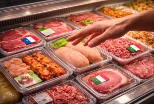 viandes locales françaises et autres viandes européennes/plats à base de viande disposés dans un bac réfrigérant.