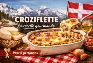 Recette croziflette haut savoyarde sur un fond de montagnes et de drapeau de haute-savoie