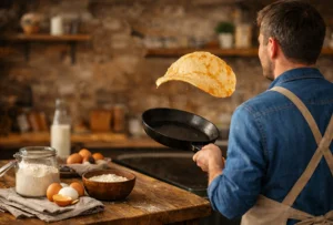 Homme faisant sauter des crêpes pour la Chandeleur. Il a les ingrédients de sa recette sur une table à sa gauche.