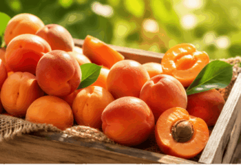 Abricots Bergeron mûrs dans une cagette en bois sous la lumière d'été.