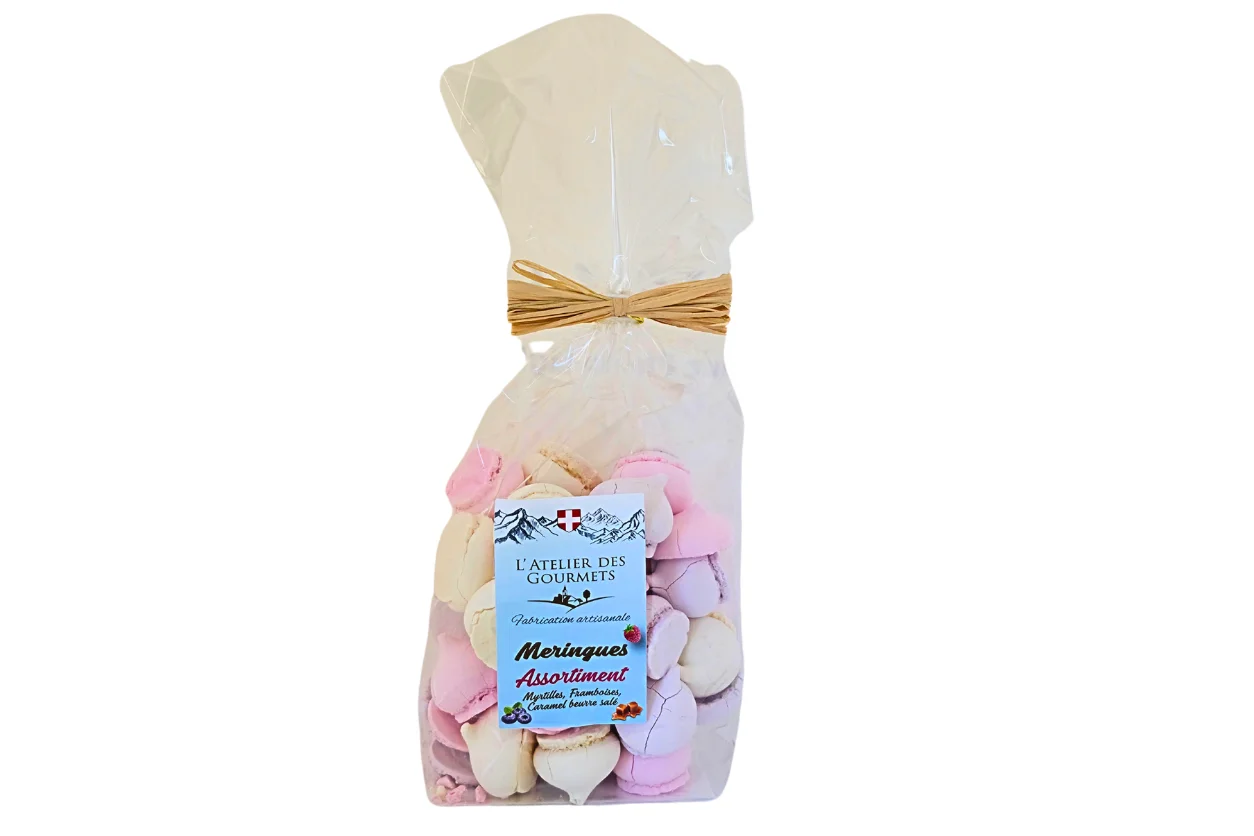 MERINGUES ASSORTIES MYRTILLE FRAMBOISE CARAMEL BEURRE SALÉ 100G